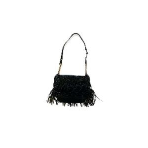 Zara Black Leather Boho Woven Macrame Fringe Crossbody Hobo Purse